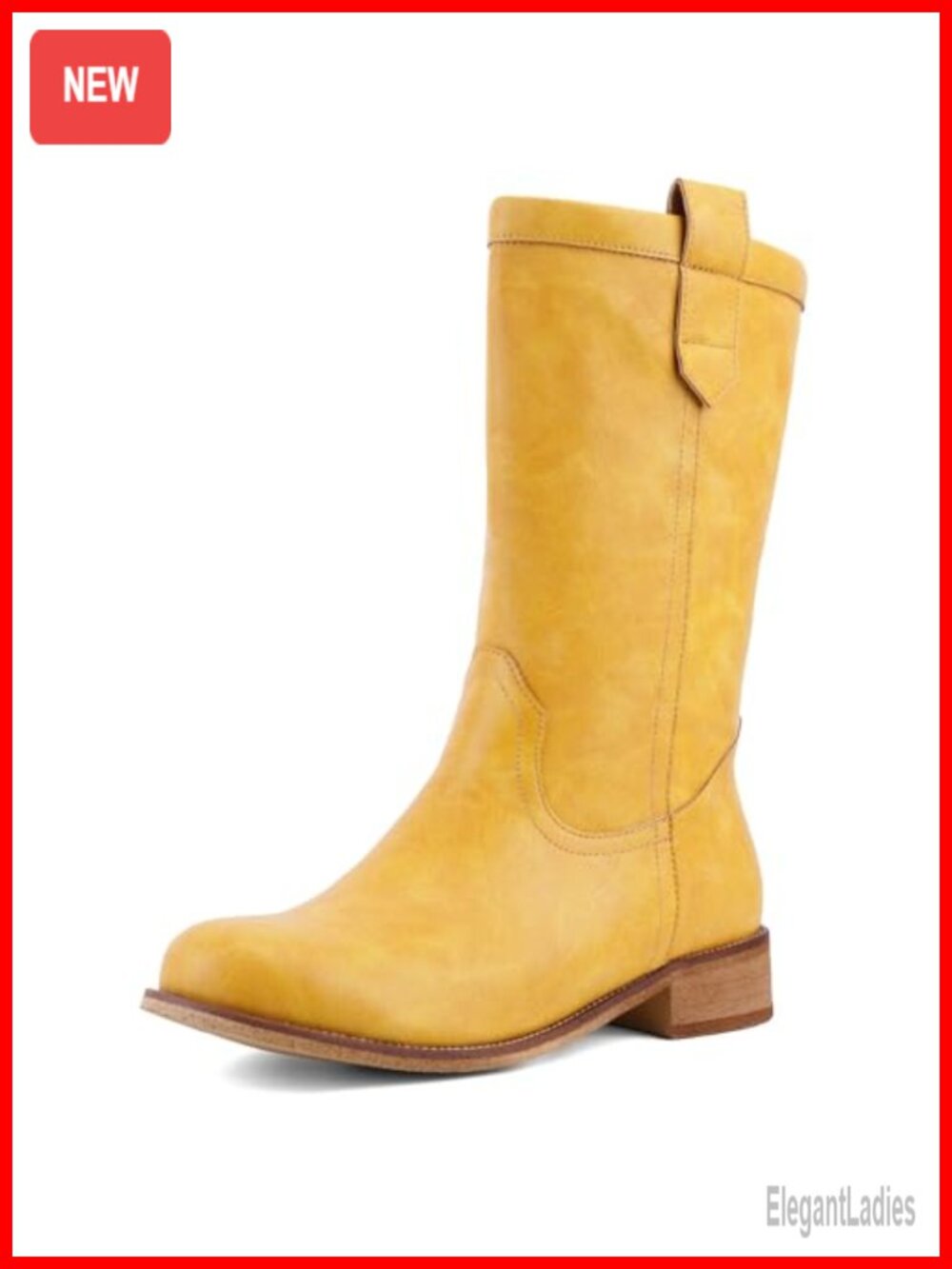 Women's Mid Calf Riding Boots Faux Leather Round Toe Chunky Heel Pull-On